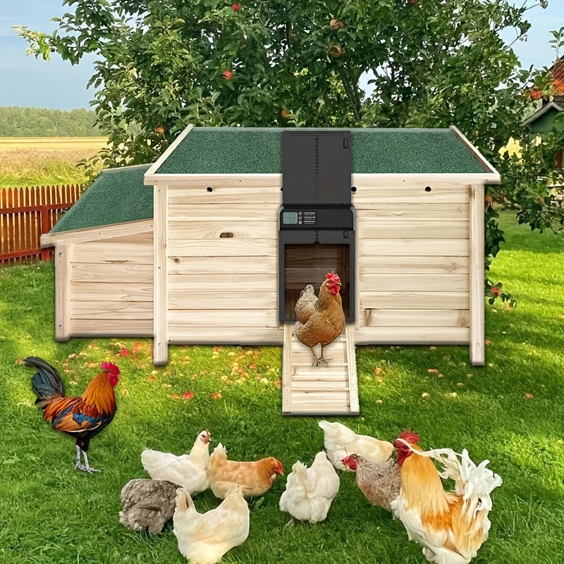 

Aluminum Auto Chicken Coop Door With Anti-trap - Battery-powered Automatic Poultry With Light Sensor, Lcd Screen, Weatherproof Design For Entry And