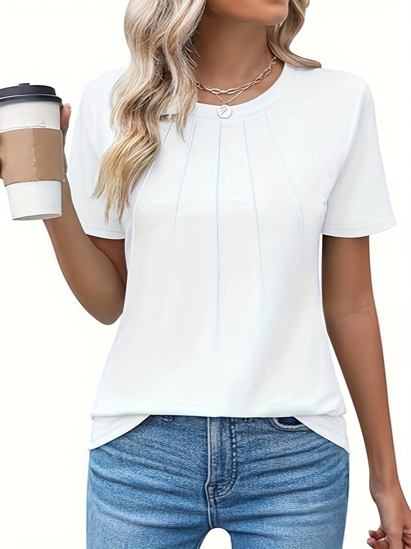 Women'S Casual Summer T-Shirt - Solid Color, Round Neck, Short Sleeve, Comfortable Loose Fit, Dark Blue, Polyester Blend, Machine Washable, Casual Summer Wear | Round Neck Tshirt | Texture