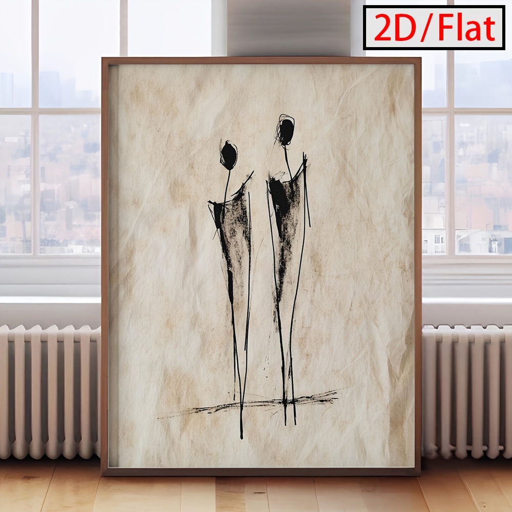 2d flach, 2d flach,  .,  , minimalistische abstrakte linienkunst, darstellung von zwei figuren,  -stil, druckbare tinte, strukturpapier-effekt, moderne download-dekoration, interessante wanddekoration,   für restaurant, hotel, büro