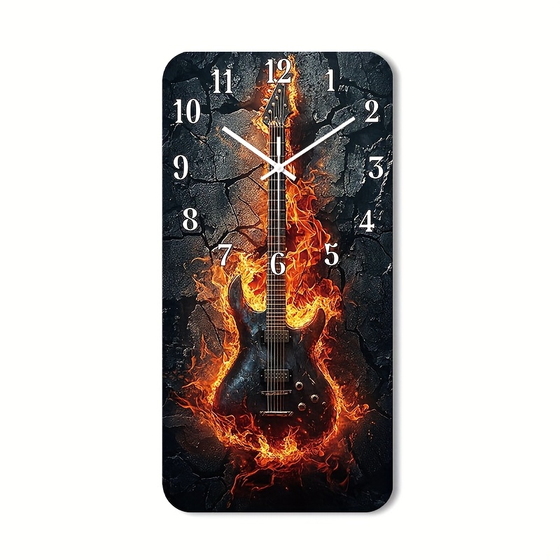 TEMU () 1pc Silent Wall Clock Non-ticking Wooden, Decorative Rectangular Clock Hd Glossy Lamination Finish Guitar With Cracked Background Design For