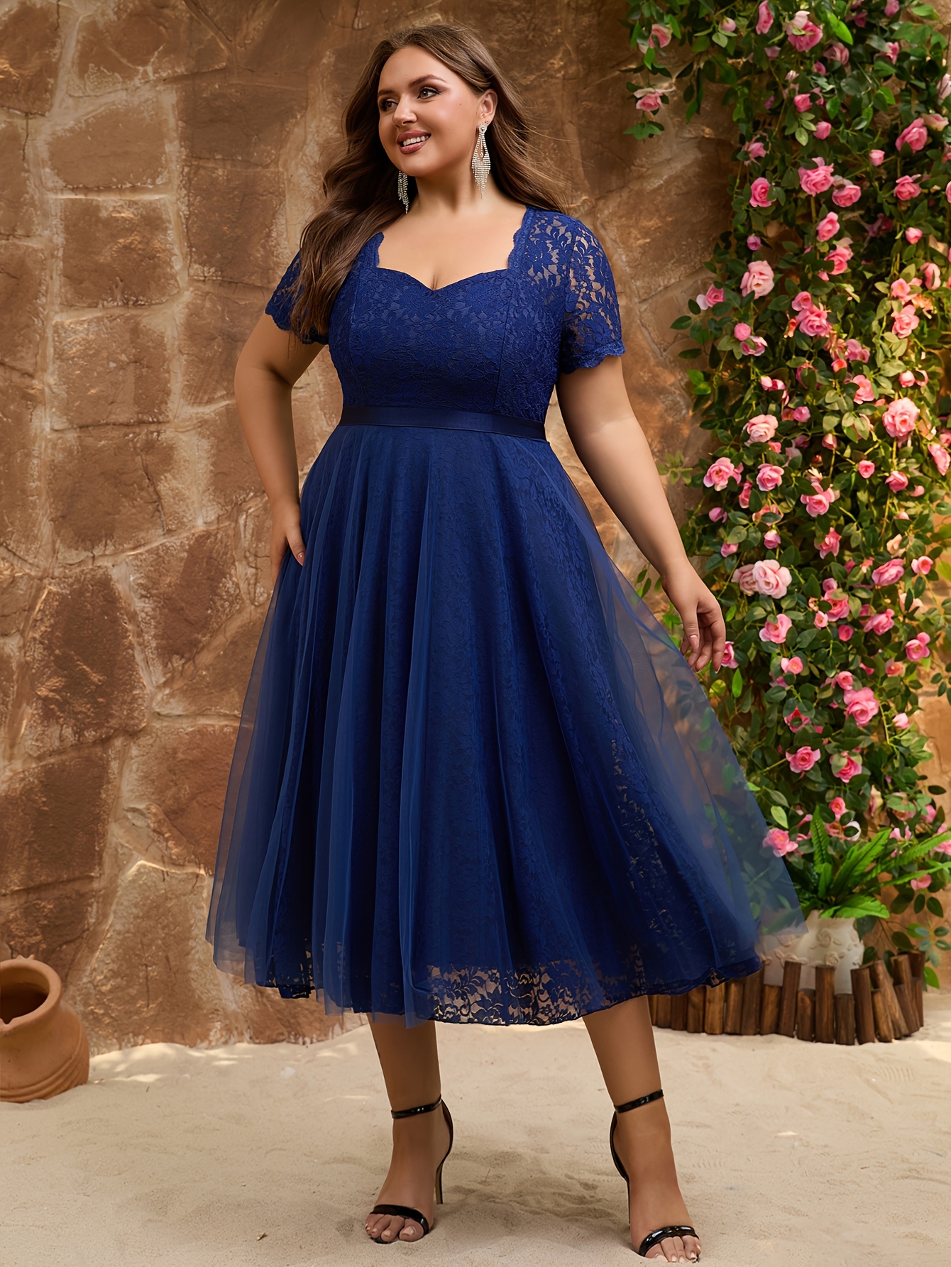chinese dress ladies Plus Size Exquisite Square Neckline Tea length Wedding Guest Dresses w main image 1