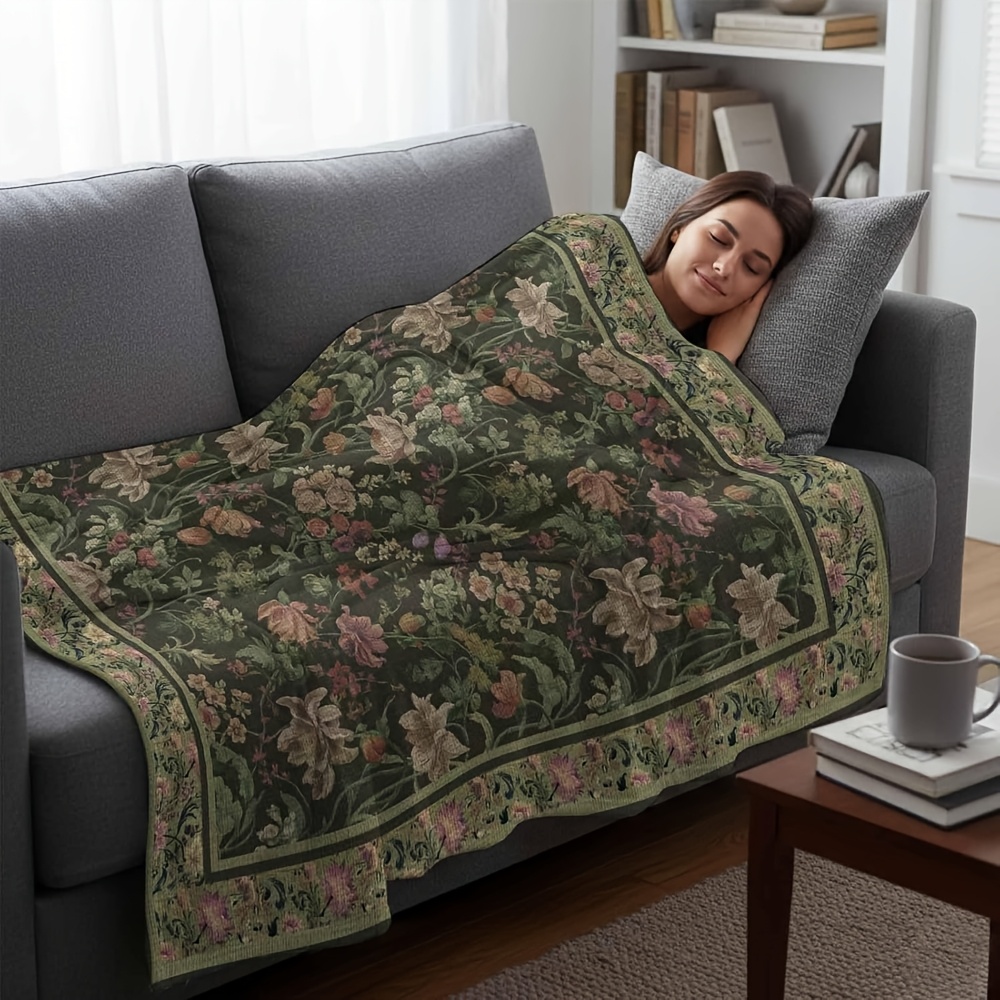 TEMU 2d Flat, Green Floral Bohemian Blanket Soft Comfortable Warm Bedding Twin Blanket, Plush Flannel Sofa Throw, Ethnic Abstract Art Sofa Flower