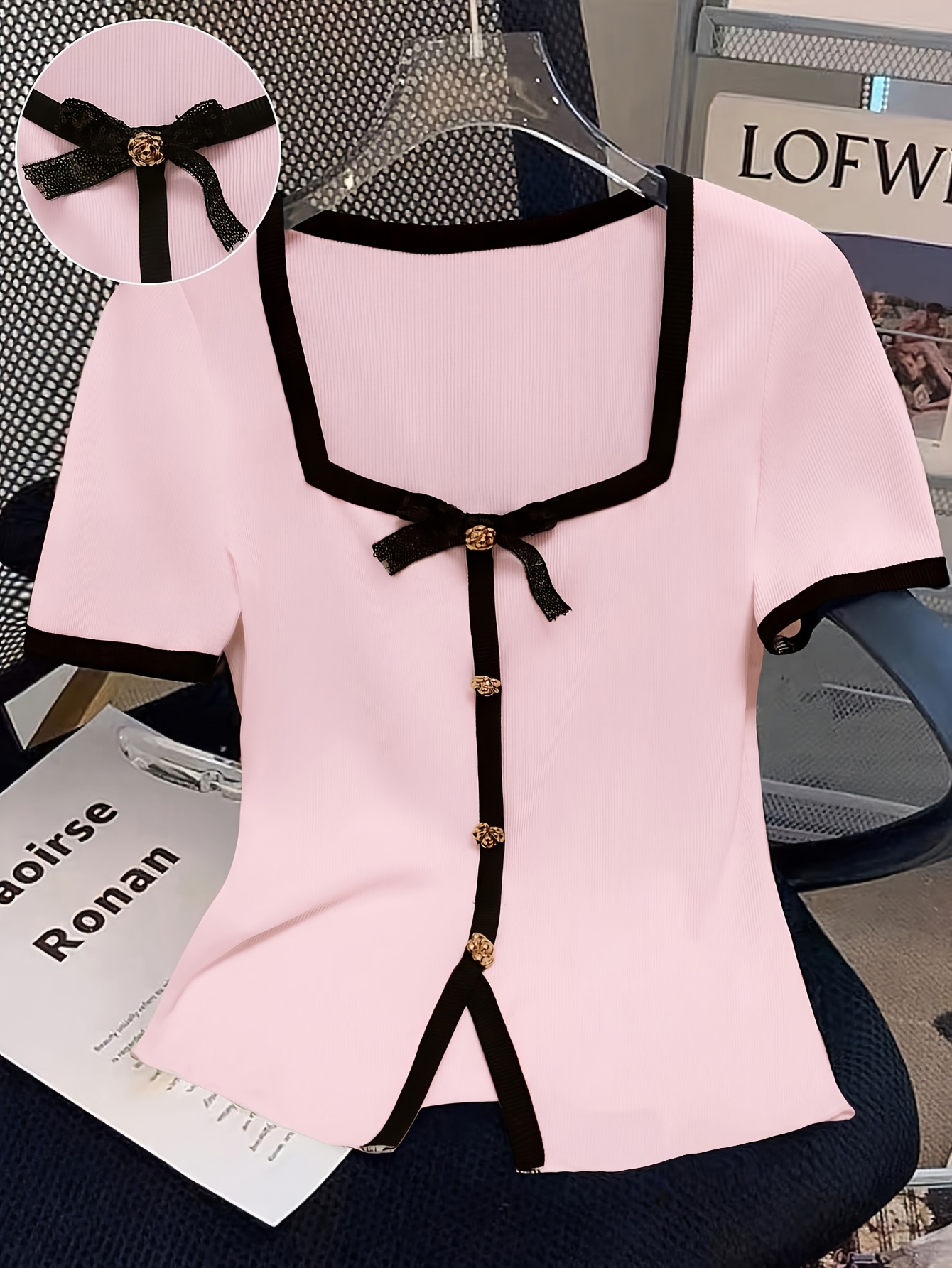 plus size plus size plus size womens fitted short sleeved t shirt with metal buttons and sequined bow embellishments round neck design suitable for   wear