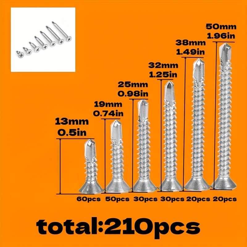 E-shop 210 Stück selbstschneidende Schrauben für Metall, 410 Edelstahl Selbstbohrschrauben #8 Flachkopf Blechschrauben Sortiment, Länge 1/2" bis 2"