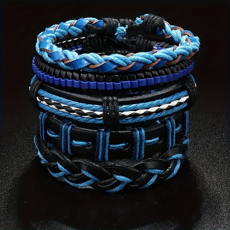 

New Set Of 5 Blue Pu Leather Braided Bracelets With Wax Lines, Personalized Fashionable Retro Trendy Leather Bracelets