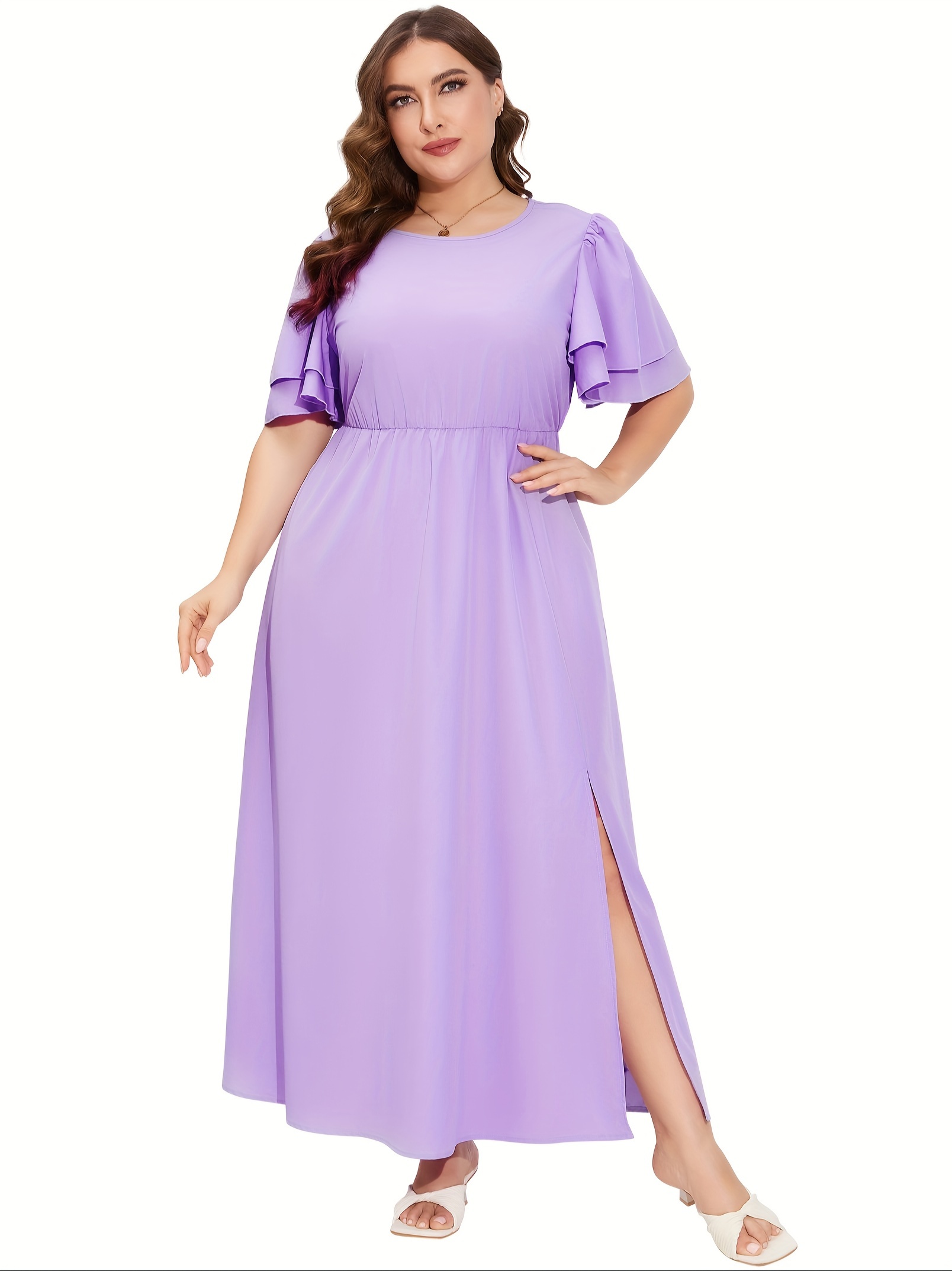 women plus size maxi dress round neck ruffle short - Temu