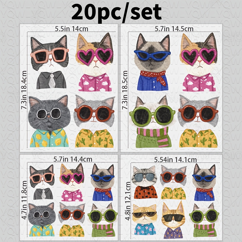 E-shop 20 DIY-Aufkleber Katze mit modischer Brille, DTFSuitable für Kleidung, T-Shirts, Jeans, Rucksäcke, stilvolle waschbare