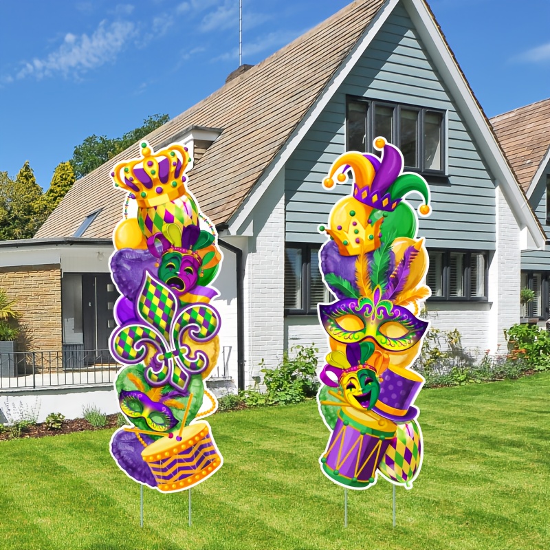 

2pcs Art Carnival Garden Stakes, Plastic Outdoor Festival Decorations, With Masks, Crowns, Drums, And Hats, For All , Mardi Gras, New Orleans Theme Party Lawn Signage