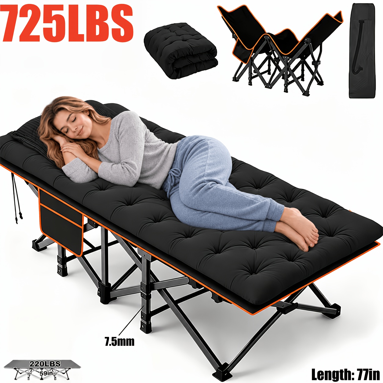 TEMU [comfortable Folding Camping Bed] 1pc 75-inch Oversized Reinforced Folding Bed With Mattress, Camping Bed, Portable Guest Bed, Weight Capacity