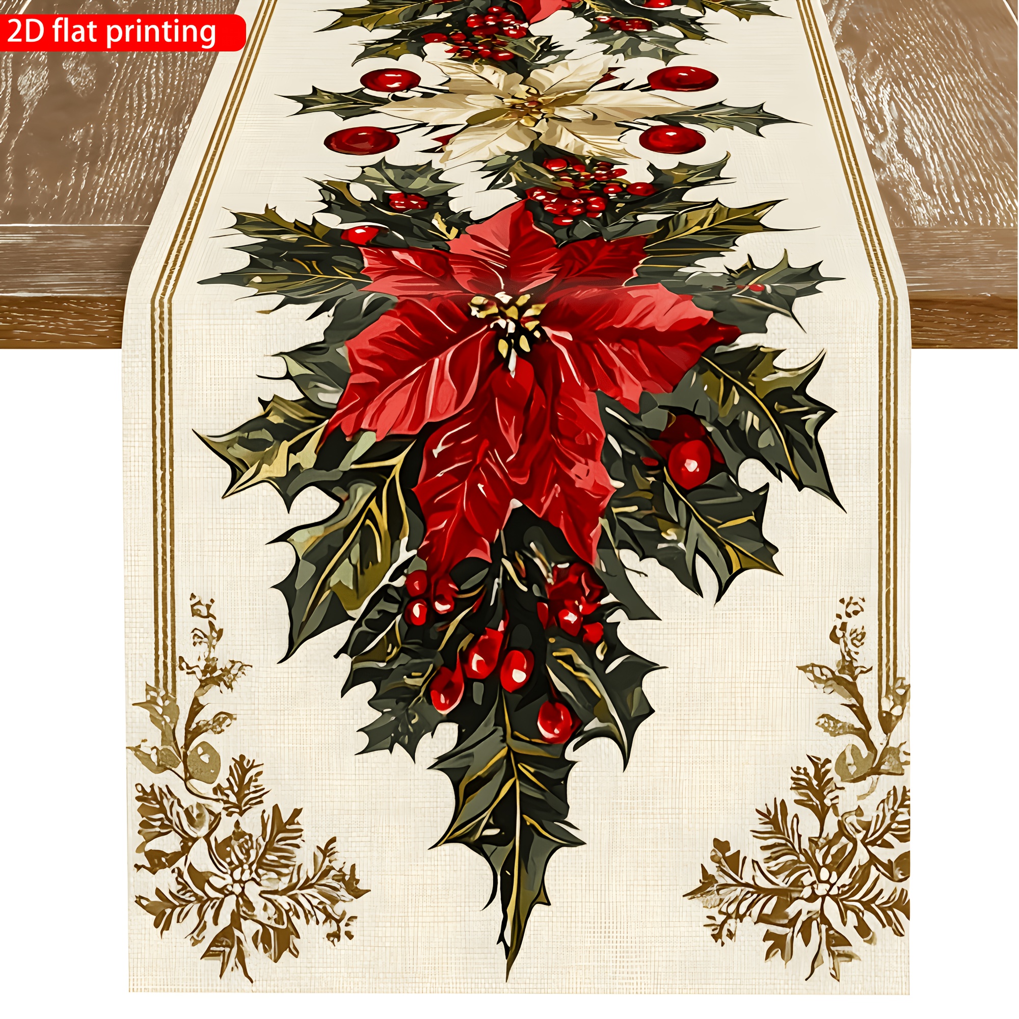 TEMU 1pc Elegant Christmas Table Runner - Flowers, Holly And Berries, Golden Scalloped Edges, Polyester Fabric Holiday Table Decor, Suitable For