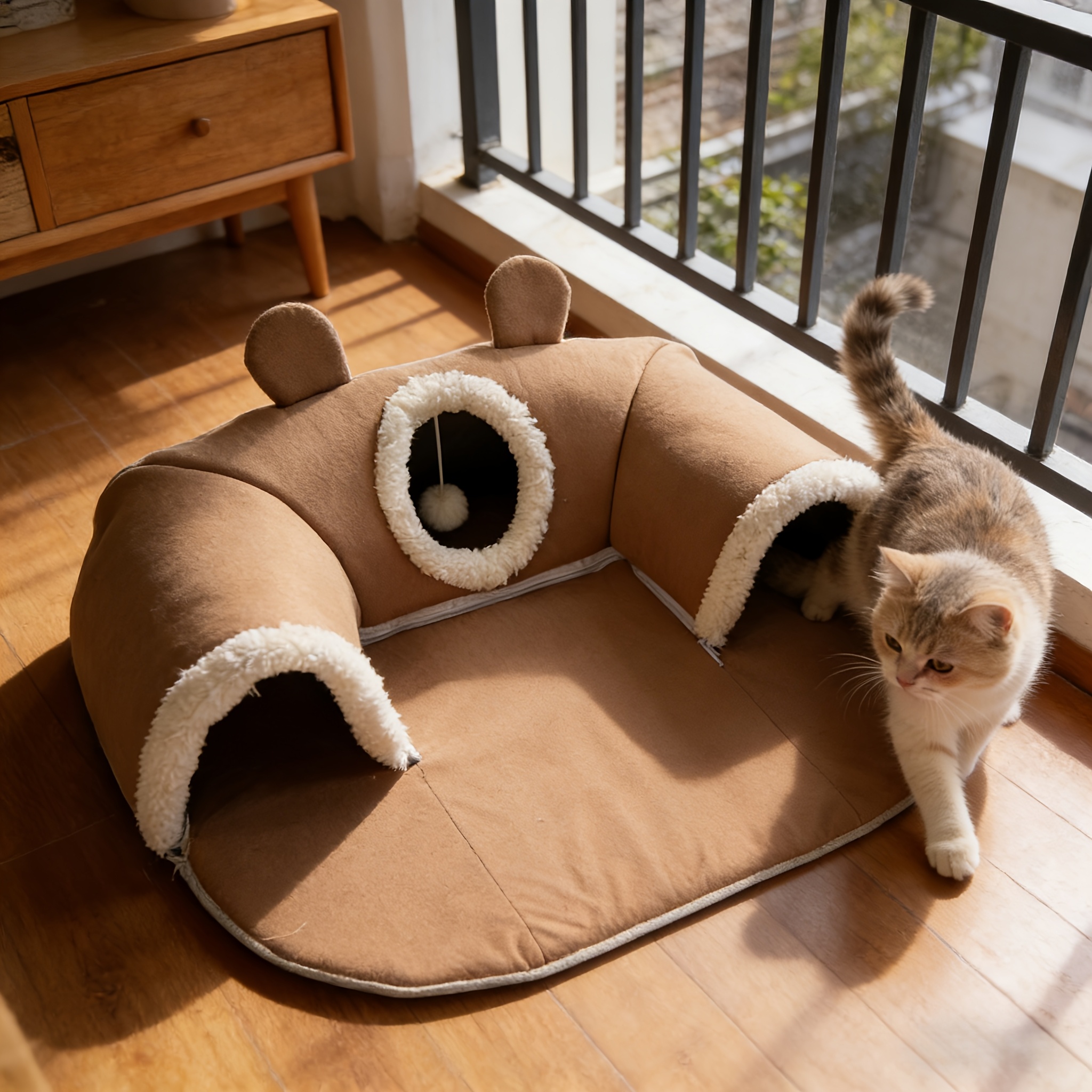 Cute Bear-Shaped Cat Bed Tunnel, Detachable & Washable