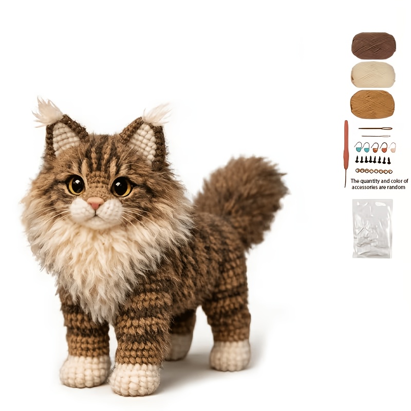 TEMU 1 Set Maine Coon Cat Crochet Kit Crochet Amigurumi Kit-adult Crochet Handmade Beginner Animal Crochet Kit-handmade Crochet For Craft Lovers