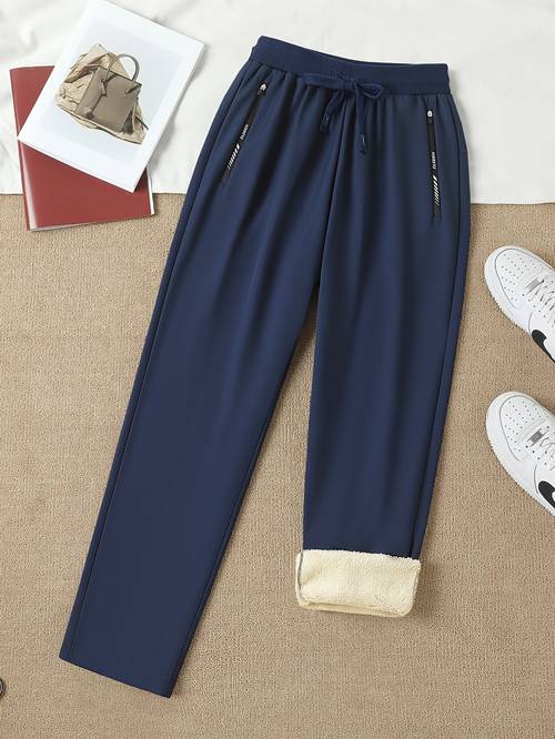 1 pair of womens winter lined long pants thickened warm casual fashion straight leg pants winter cold proof womens casual trousers