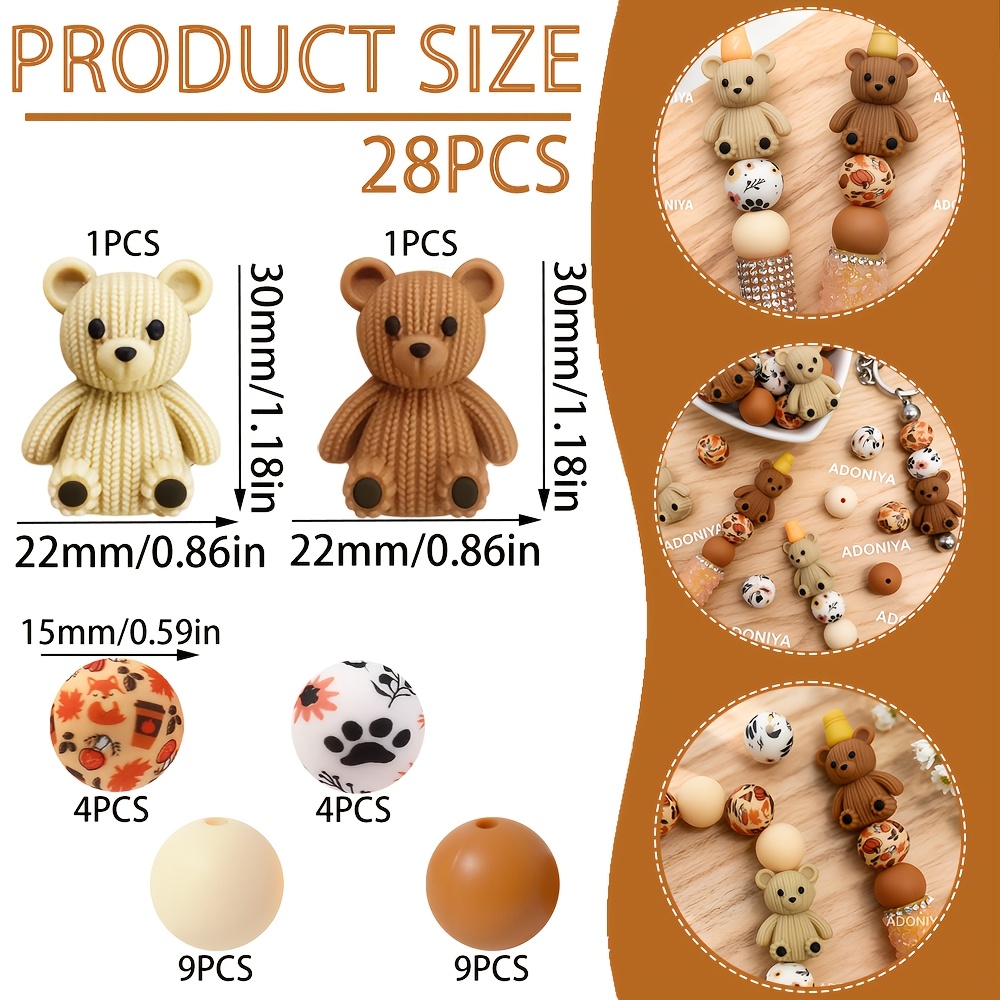 TEMU 28pcs Cute 3d Coffee Khaki Bear Animal-shaped Silicone Beads Wholesale - Silicone Beads, Fashionable Design, Suitable For Jewelry Making,