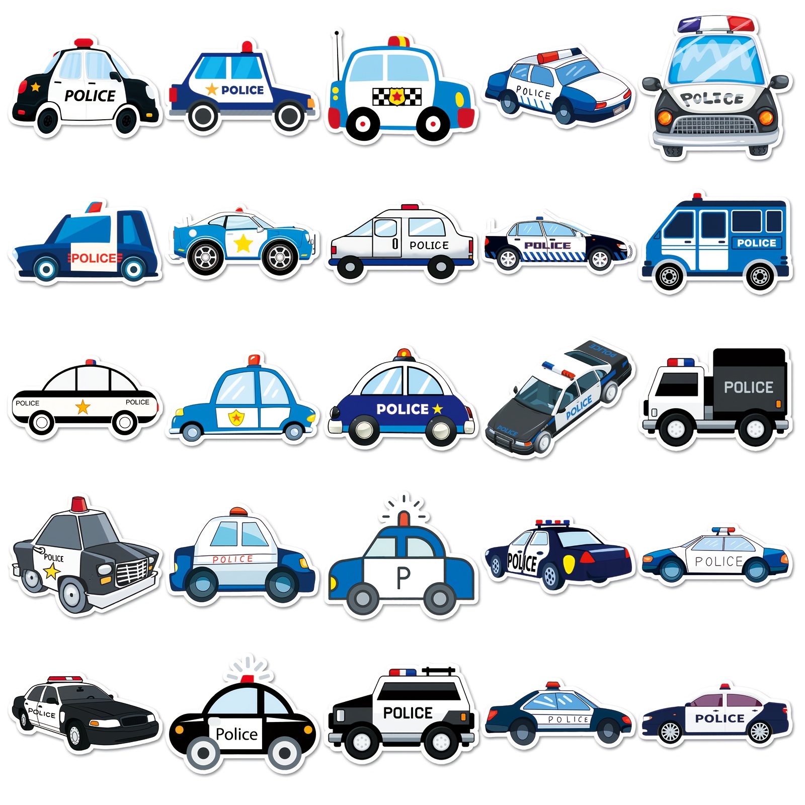 Image of 50pcs Cartoon Police Car Graffiti Stickers I Reward Party Supplies - Aesthetic Stickers Diy Water Bottle, Laptop, Luggage Decals - Holiday Decorations