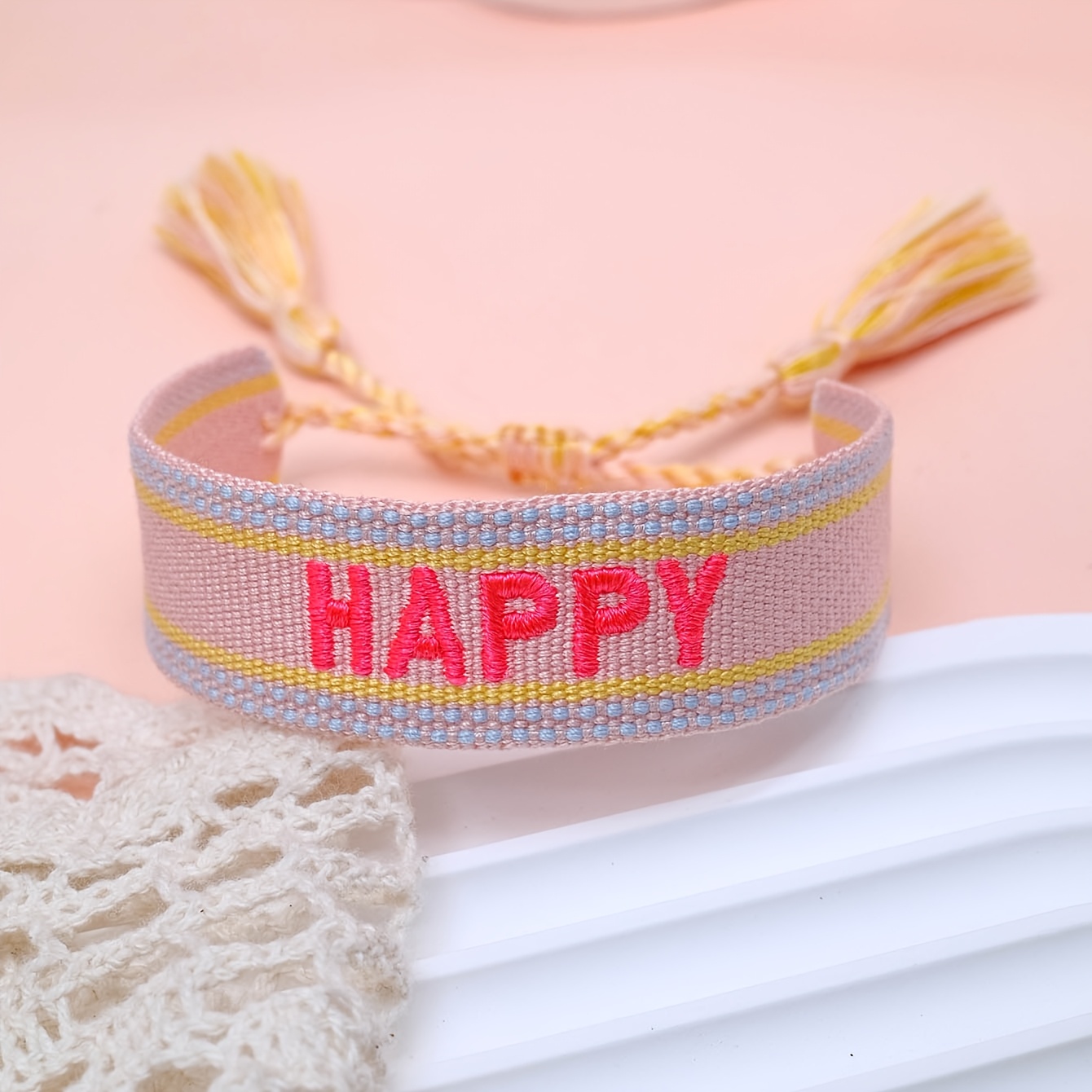 Image of A Stylish Vintage Embroidered Bracelet Featuring Happy, Perfect For Parties, Travel Events, And Embodying A Bohemian Holiday Vibe With A Easy, Casual, Romantic, And Trendy Friendship Design