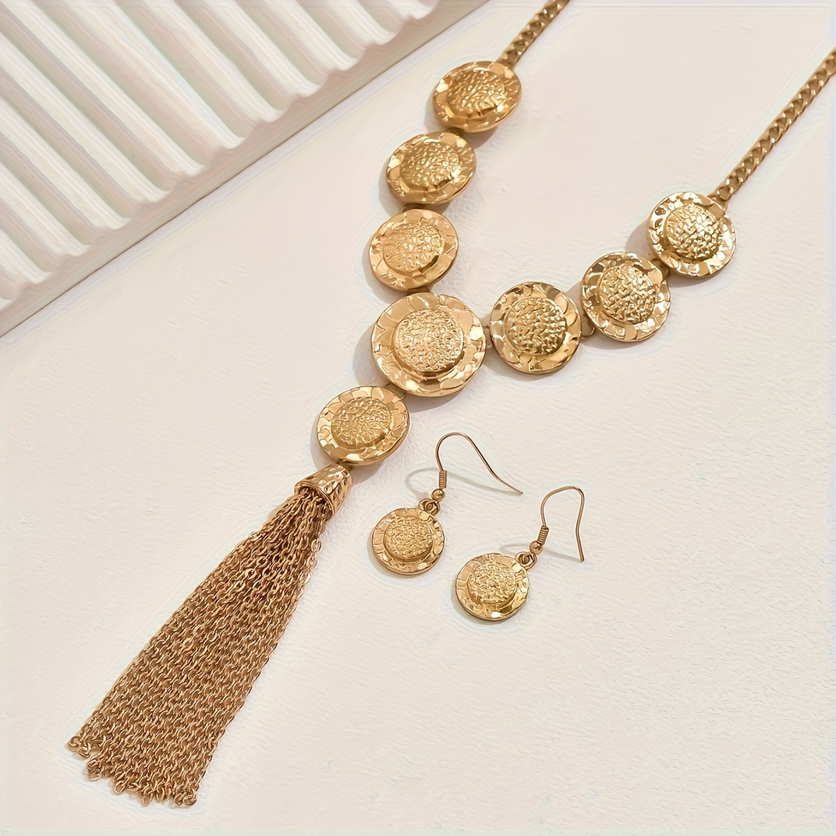 Vintage Hammered Geometric Y Necklace and Earrings Set