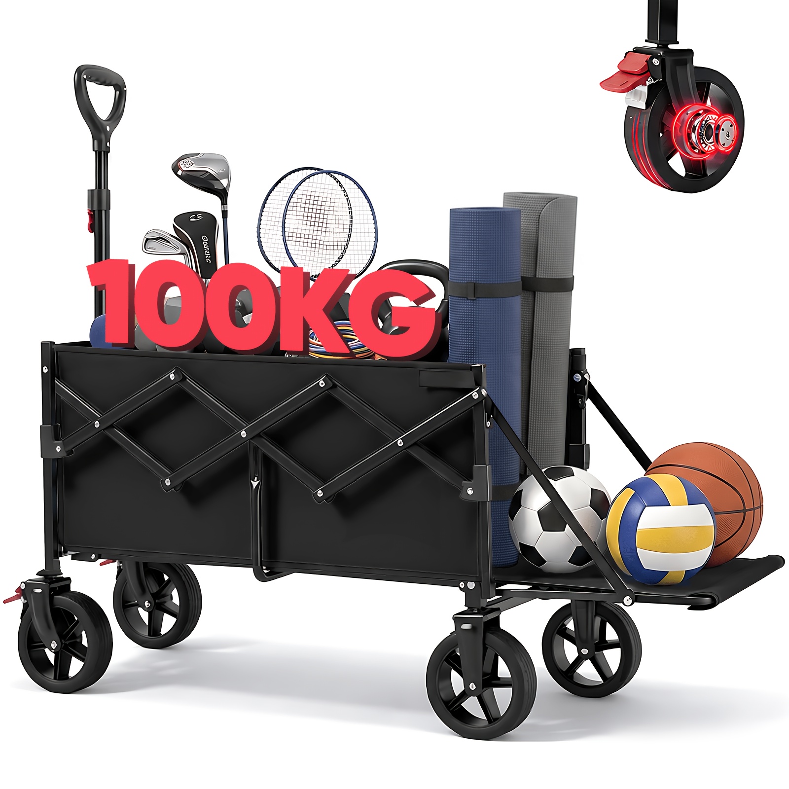 Compact Foldable Wagon With Foldable Tailgate, 80l+40l Capacity, Hand Cart With Expandable Cargo Area, 100kg Load Capacity, Lightweight Foldable Wagon With Brakes