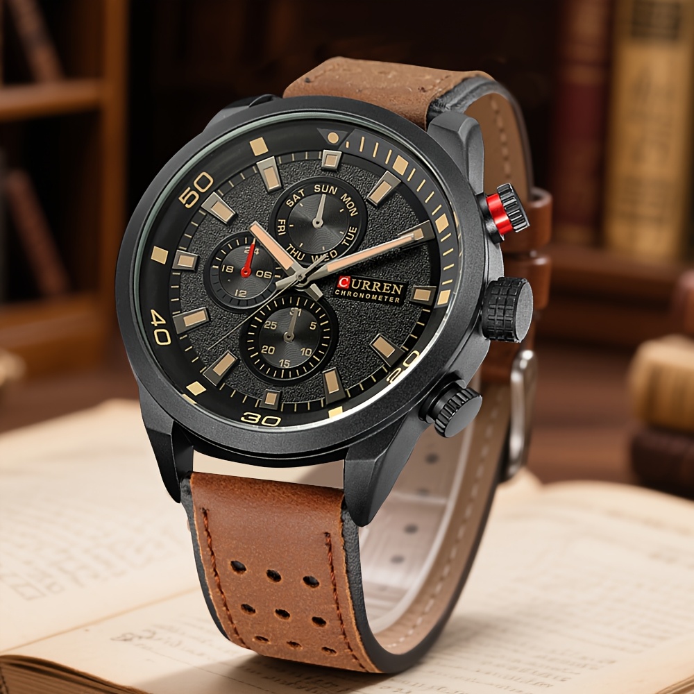 Reloj Analógico para Hombre Esfera con Cara Negra y Manecillas  Doradas, Subesferas de Cronógrafo, Movimiento de Cuarzo, 30m, Correa de