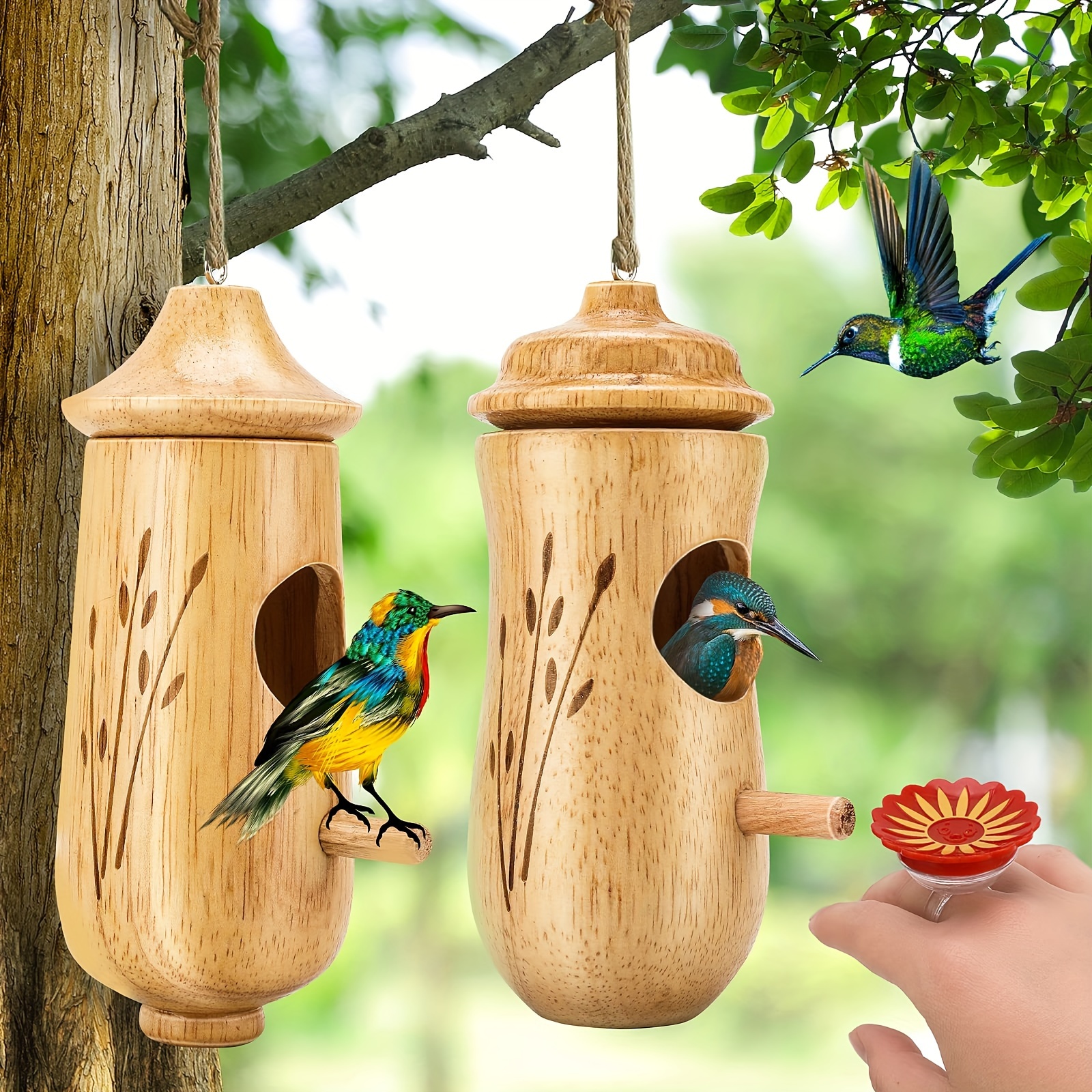 

Hummingbird House, 2pcs Bird Houses With Hummingbird Ring Feeder (red), Wooden Hummingbird House, Outdoor Hanging Bird Houses, Gifts For Bird Lovers, Gardening Gifts