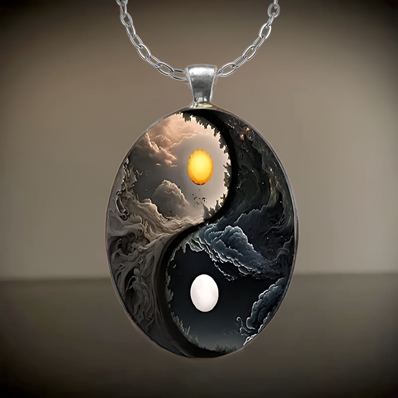 TEMU 1pc Stylish Elegant Tai Chi Pattern Oval Alloy Glass Necklace Romantic Gift Jewelry, Halloween Christmas Jewelry Gift