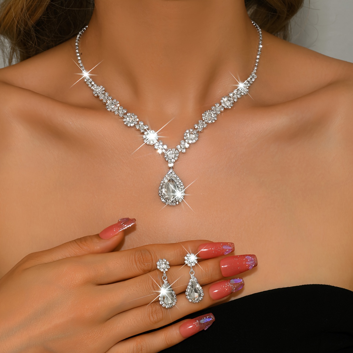 Modieuze 2-delige Ketting en Oorbellen Set, Luxe Strass Waterdruppel Hanger | High-End Sieraden | Party/Banket/Bruiloft Accessoires