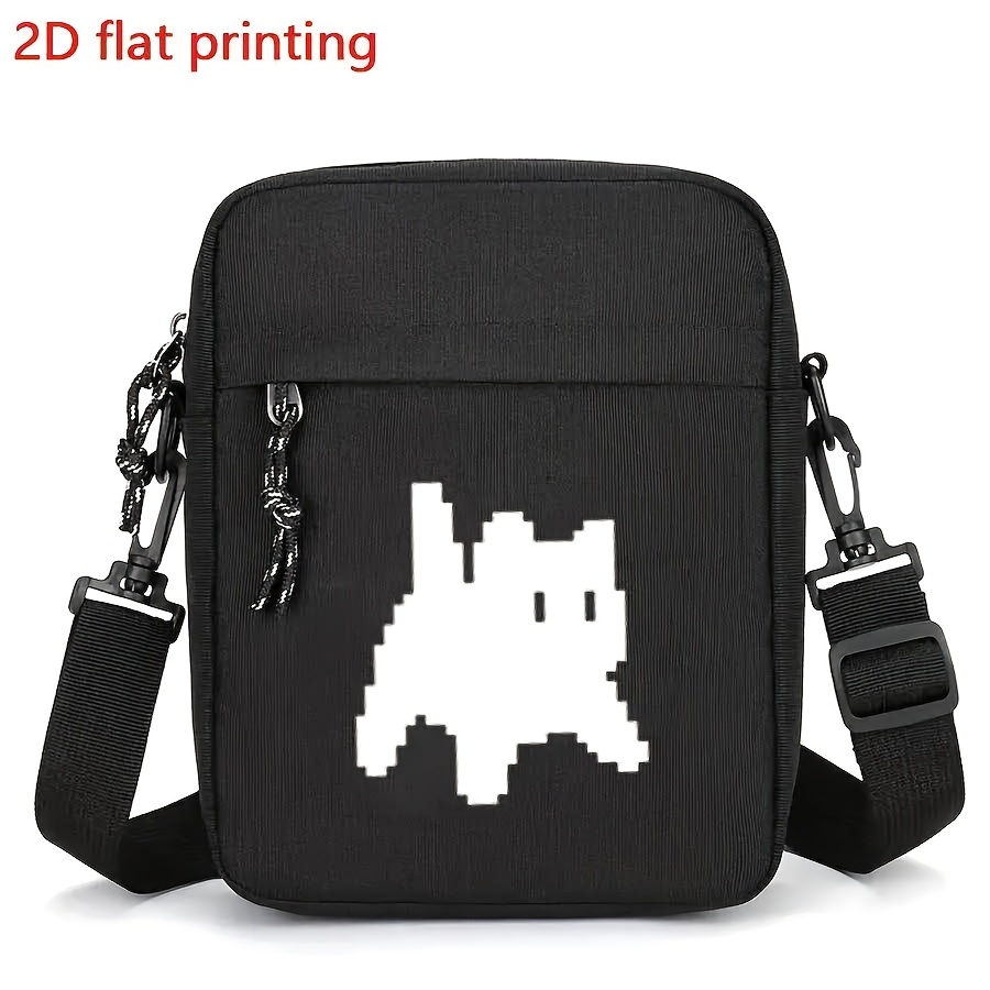 TEMU 1pc Black Pixel Cat Print Crossbody Bag - Lightweight Adjustable Strap, Zipper Closure, Durable Polyester - Unisex Casual Everyday Shoulder Bag
