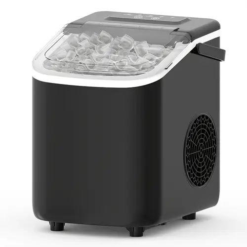 ice maker with a handle on the countertop it 9 bullet shaped ice cubes in with hour ice making capacity of 26 with an automatic cleaning function and with an ice basket and an ice scoop