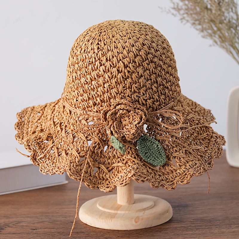 chic crochet straw sun hat elegant ruffle design foldable - Temu display picture 3