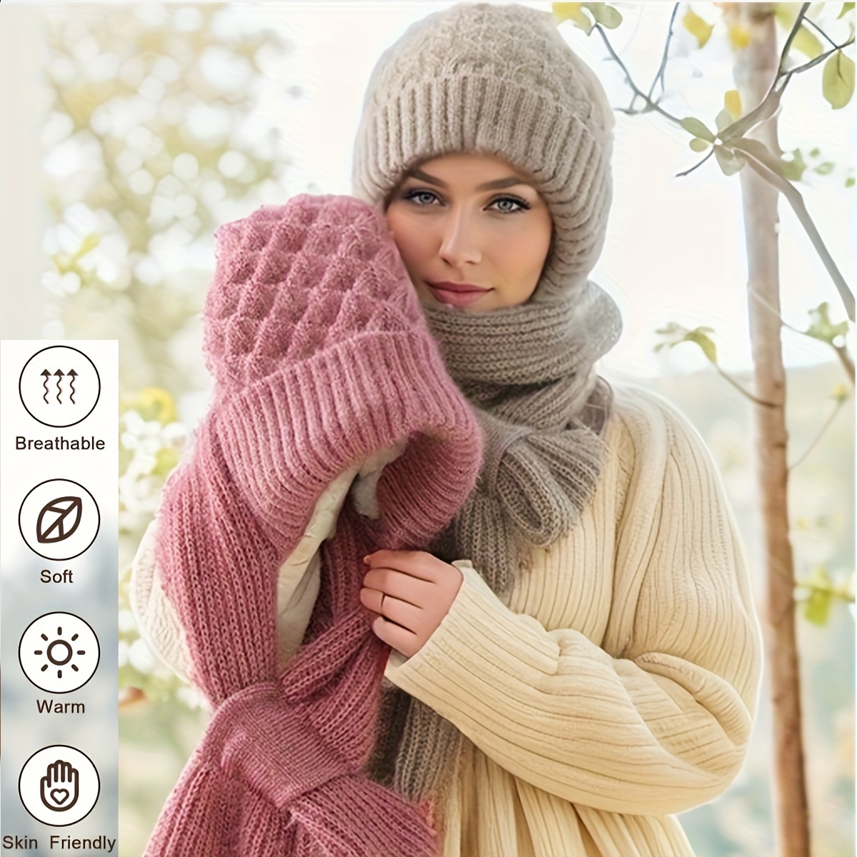 

Winter Women's Knitted Hat With Long Scarf, Chunky Acrylic Fabric, Hand Wash, Solid Color, Christmas Fit Occasion, Lightweight, Reversible Closure, Knit Fabric, For Outdoor Skiing And Cycling