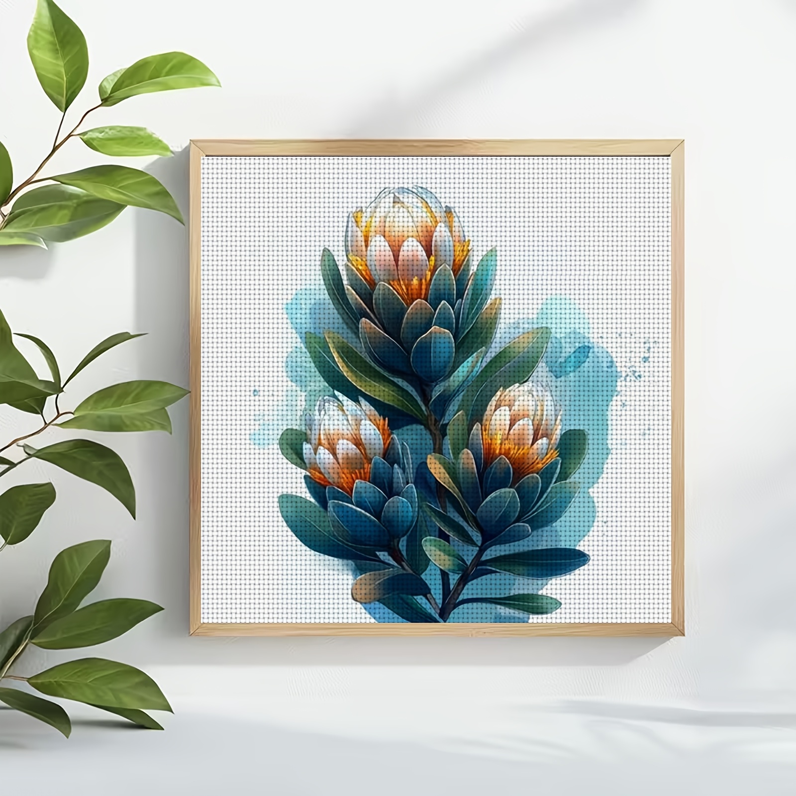 Cross-Stitch Printing Kit Featuring Three Blue Leaf Watercolor Flowers
