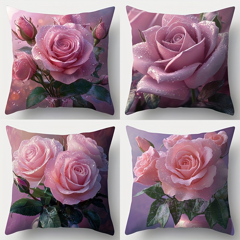 

4pcs Set , Elegant Floral Pillow Covers, 17.72" Square - Vibrant Watercolor Room & Office Decor, Zip Closure, Machine Washable Polyester