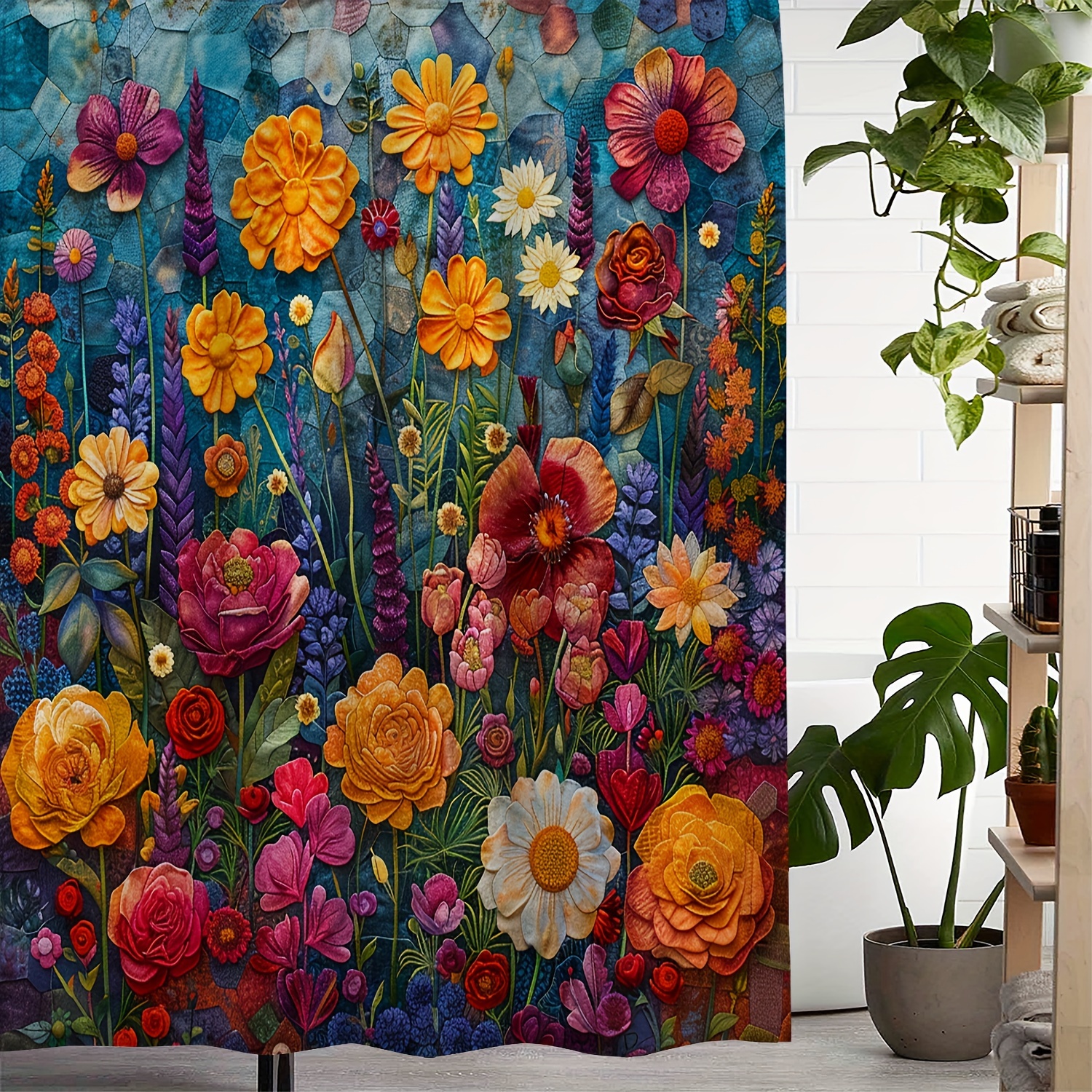 

Artistic Floral Print Waterproof Shower Curtain With 12 Hooks - Machine Washable, Viscose Material, Woven Fabric