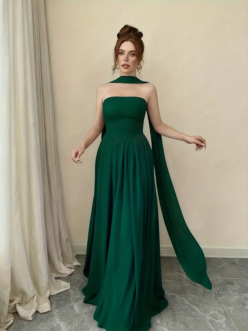 Elegant Solid Color Women'S Sleeveless Long Dress Pleated Design Going Out Party Dress with Scarf Elegant Solid Color Women'S Sleeveless Long Dress Pleated Design Going Out Party Dress with Scarf