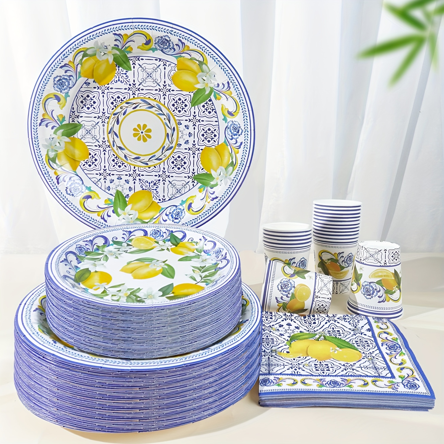 80-teiliges Party-Geschirr-Set im mediterranen Stil | Blau-weißes Porzellan mit Zitronen-Ästhetik für Feiern, romantisches Abendessen für Erwachsene, Hochzeitstag Premium-Dekoration