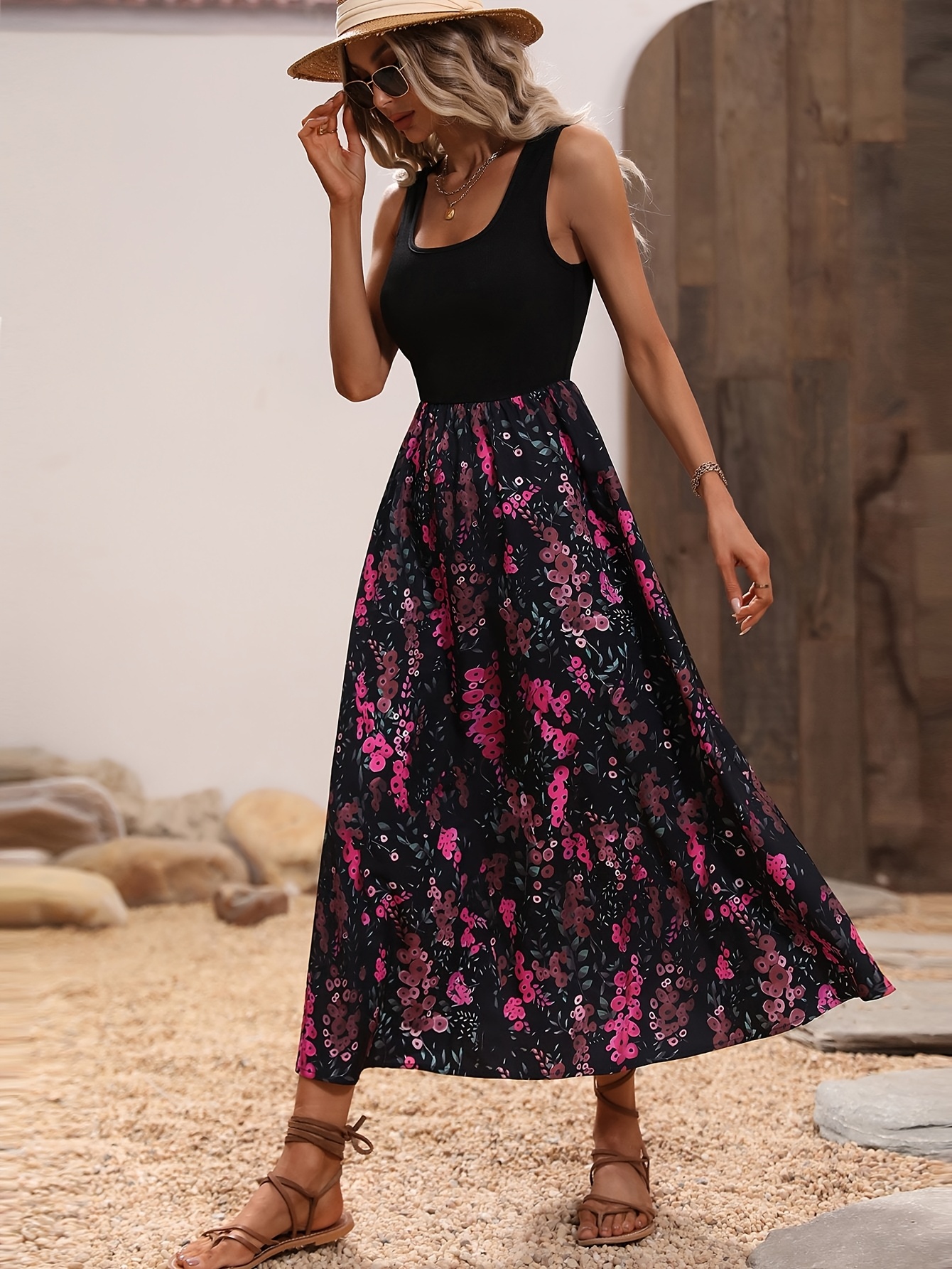 Women's Elegant A-Line Sleeveless Summer Dress Black with Pink Floral  Print, Round Neck, Machine Washable, Versatile Casual to Semi-Formal Wear, 