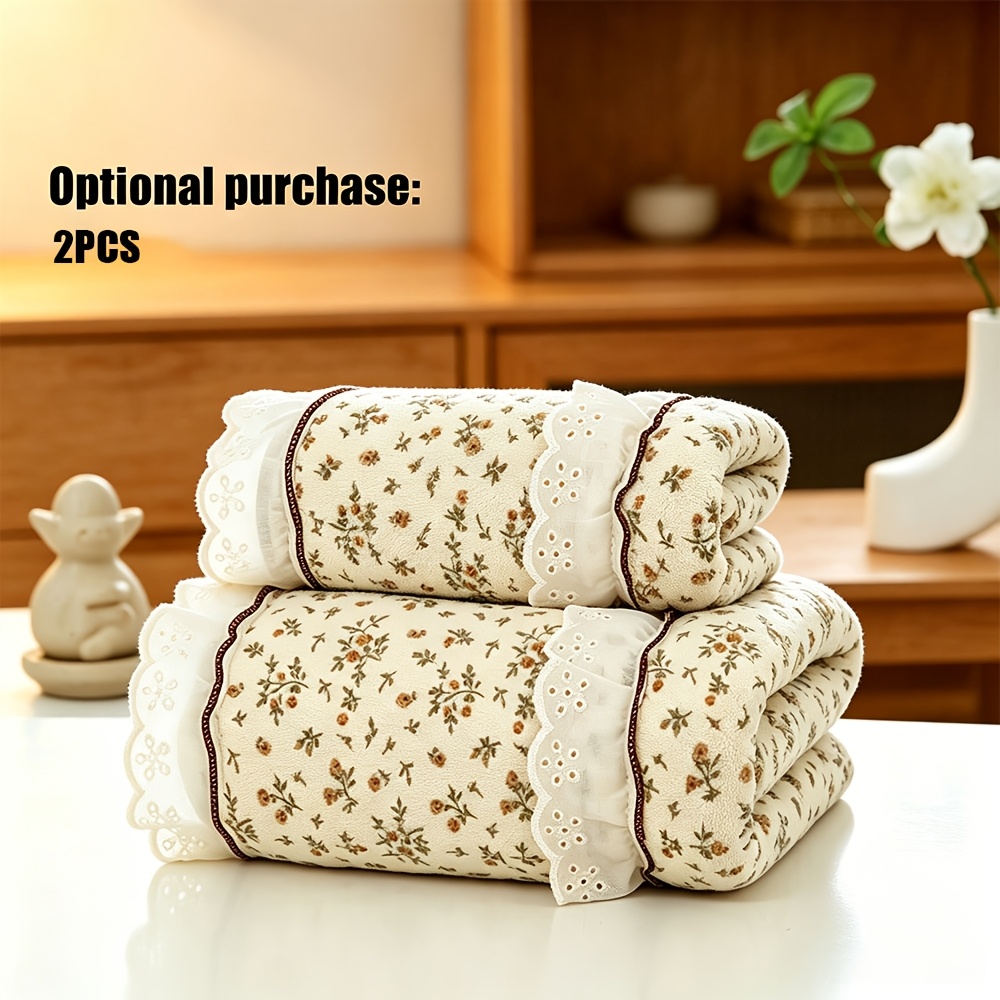 TEMU 2pcs Vintage Elegant Double Lace Floral Print Bathroom Decor Towels, Soft, Absorbent, And - Plush Towels, Skin-friendly, Quick-drying Hand