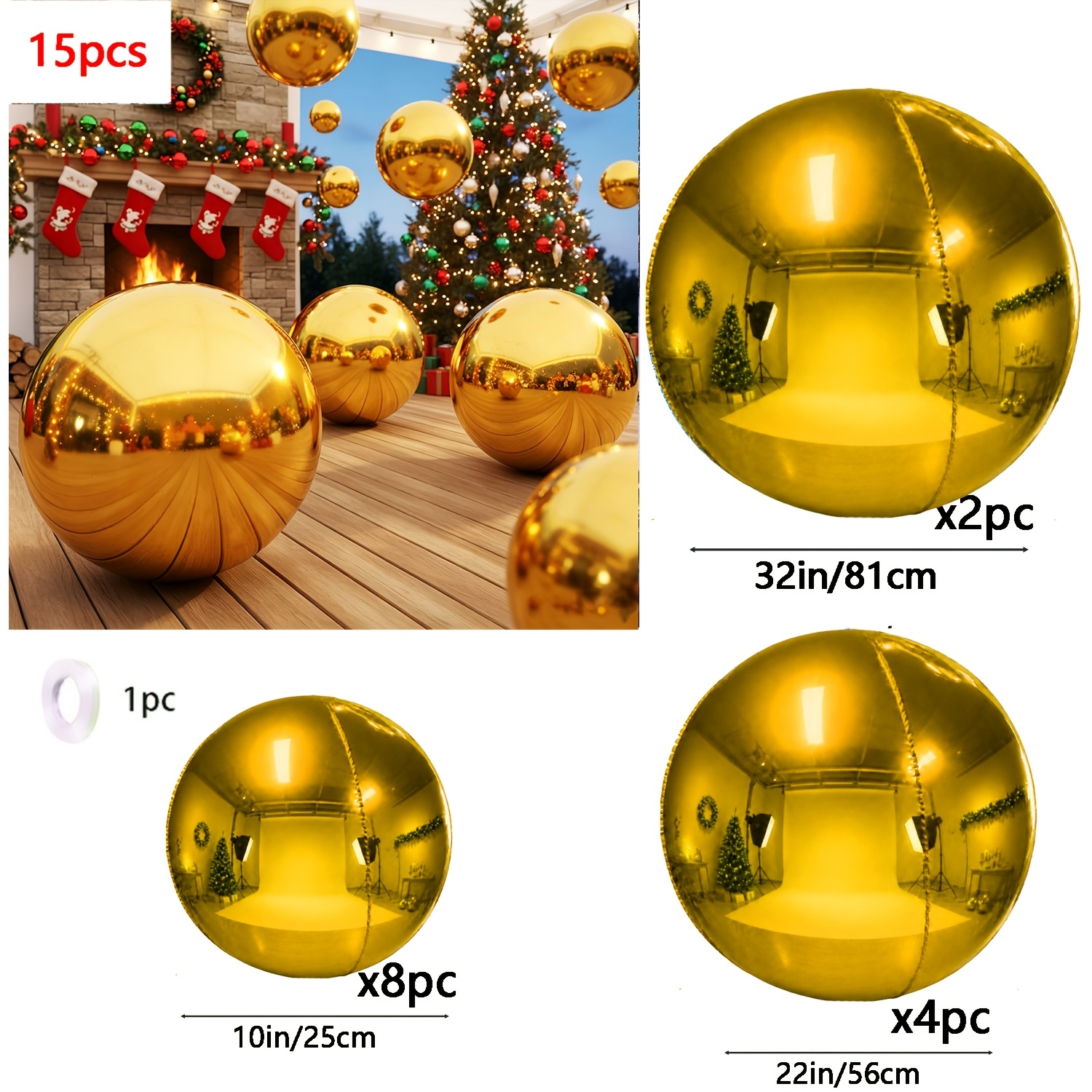 TEMU 15pcs Christmas Balloons With White Ribbons, Large Shiny Metallic Golden Reflective Balls, Christmas Decorative Gift Balls, Christmas Decor,