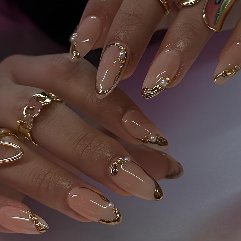 24pcs Golden 3d Almond-shaped Long Nails Fashion Shiny Removable Press-on Nails