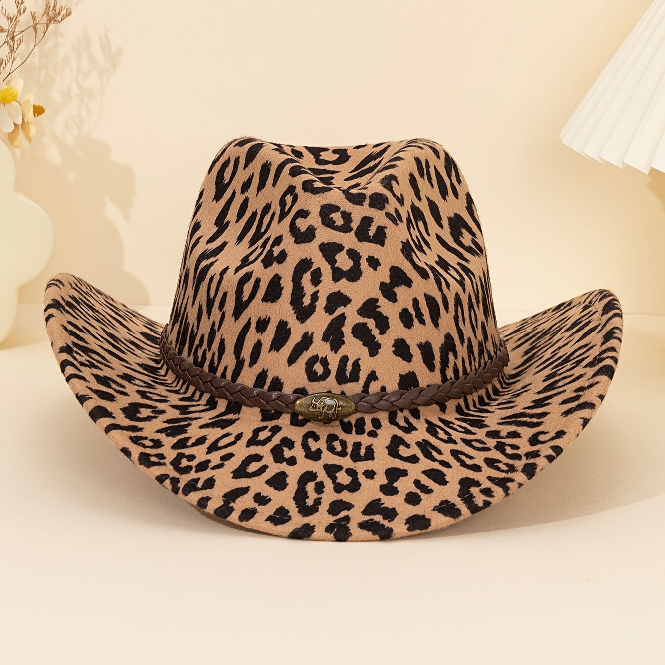 TEMU Une seule pièce de décoration de bandeau tête de vache marron pour chapeaux de cowboy pour hommes, avec un motif imprimé léopard. Cet accessoire