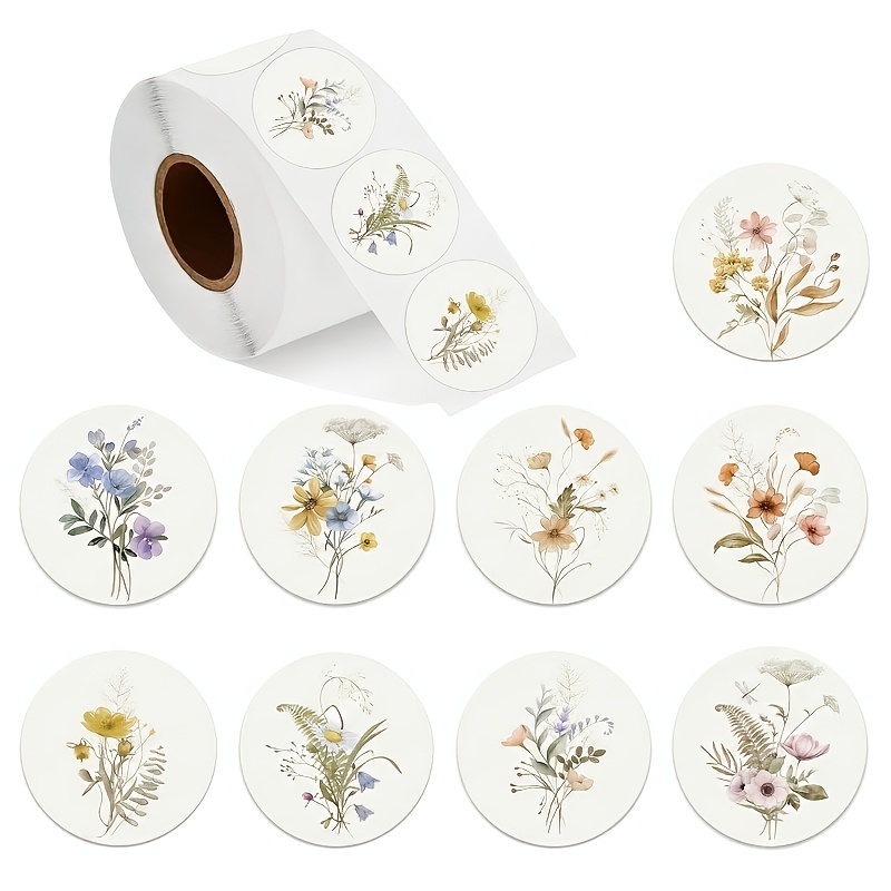 Image of Aesthetic Boho Stickers Roll, 500pcs Self-adhesive Vintage Watercolor Floral Seals, Decorative Round Flower Labels For Gift Wrapping, Wedding Stationery, & Crafts