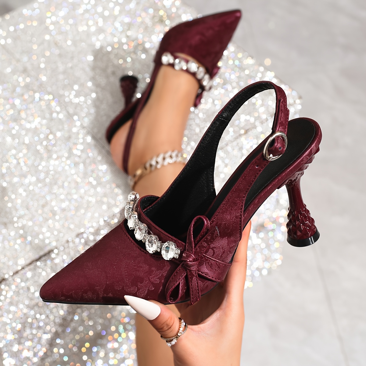 Elegant French-Inspired Pointed Toe Stiletto Sandals for Women - Summer High Heels with Ankle Strap, Rhinestone Embellishments & Bow Detail, Red & Black, Faux Cover, Perfect for Casual or Formal Occasions, Stiletto Heels