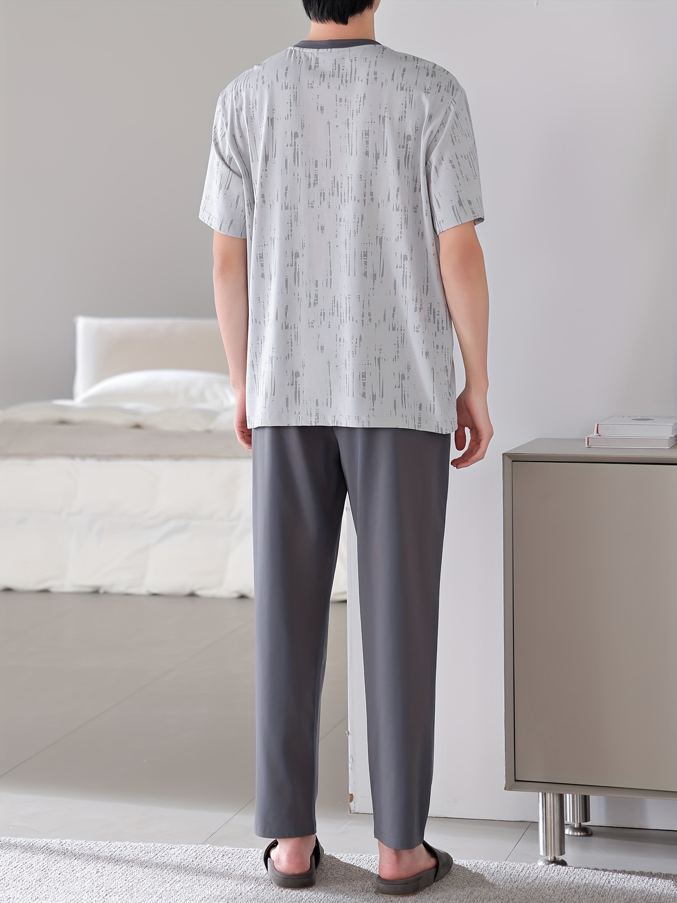 Men'S Sleepwear Set for Spring And Summer, Featuring a Pure Cotton Short-Sleeve Top And Long Pants, Designed As a Simple Plus-Size Homewear Set.