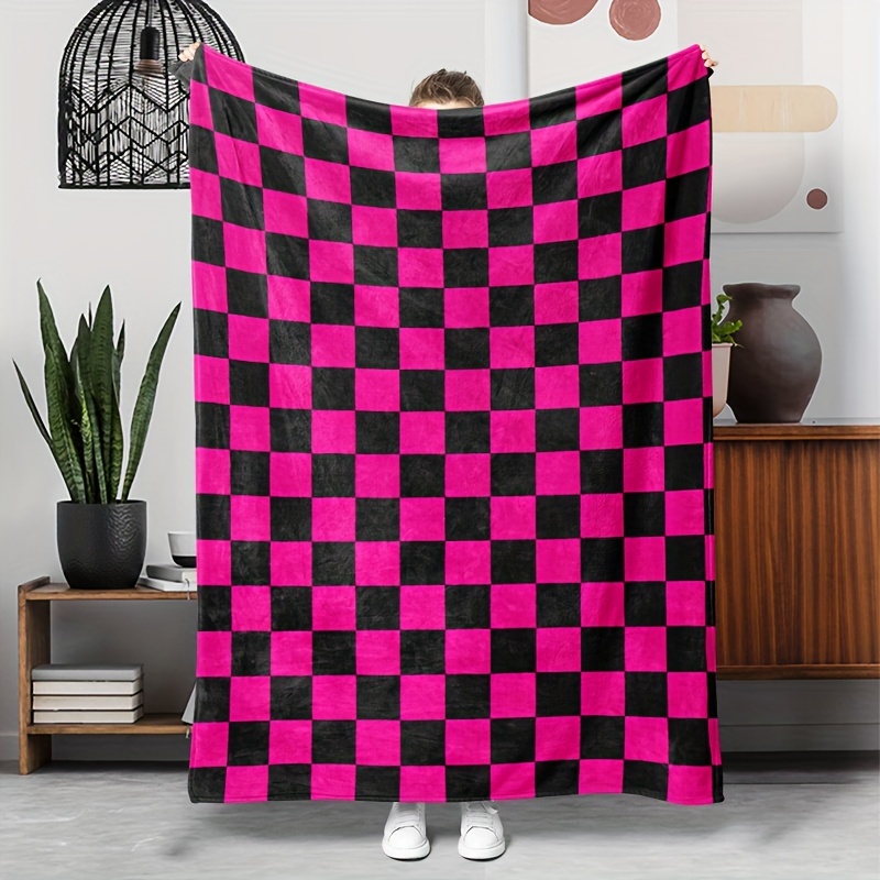 

Contemporary Checkered Flannel Throw Blanket - Hypoallergenic, Tear Resistant, Knitted Polyester Throw For Multipurpose Use - , Space Themed, Ideal For Nap, Couch, Travel (1pc, Pink & Pattern)