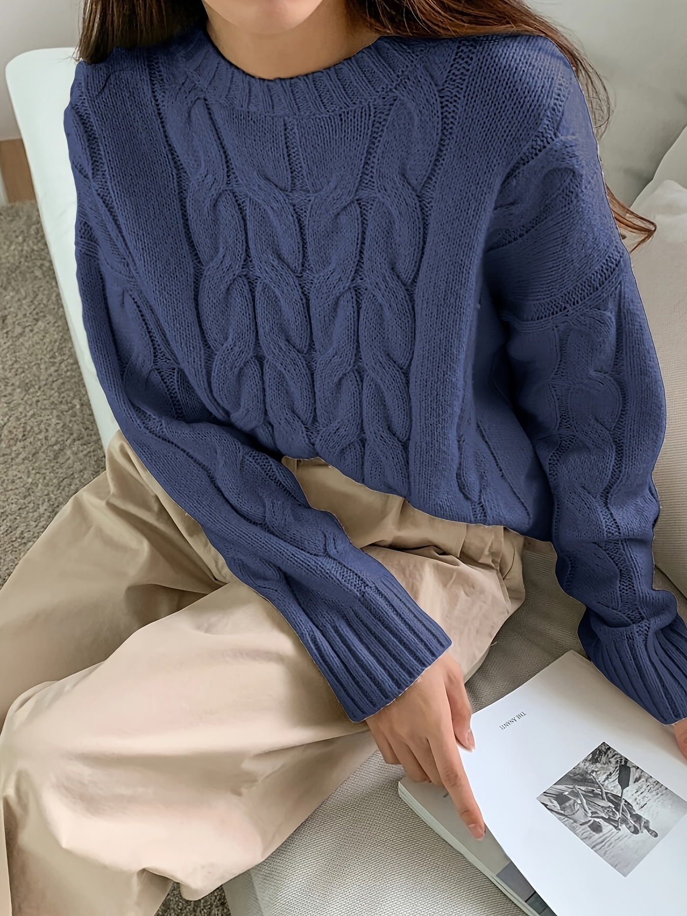 Cable Stitch Women’s Dropped Shoulder Sweater – Relaxed Fit, Crewneck, Taupe Or Burnt Red
