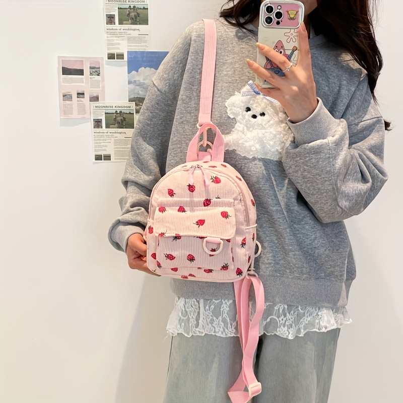 Kawaii White Corduroy Mini Backpack With Red Strawberry Print_voghion.com