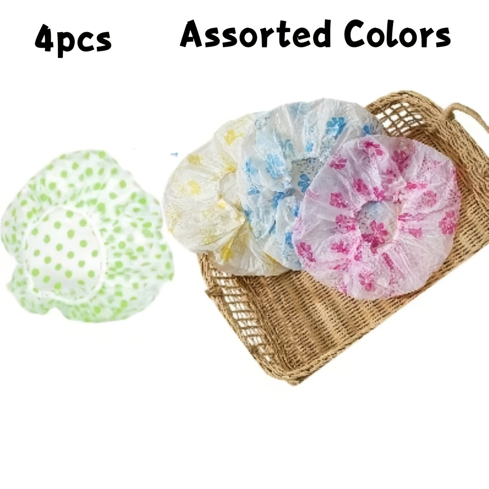 TEMU 4-pack Elastic Plastic Shower Caps, Women' Salon Polka Dot High-quality Hair Caps, Comfortable And Close-fitting For Bathing, Home Polka Dot