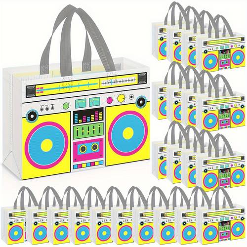 gift for her him 24pcs retro 80s 90s party bags vintage radio print non woven gift tote bags for disco rock birthday party favors
