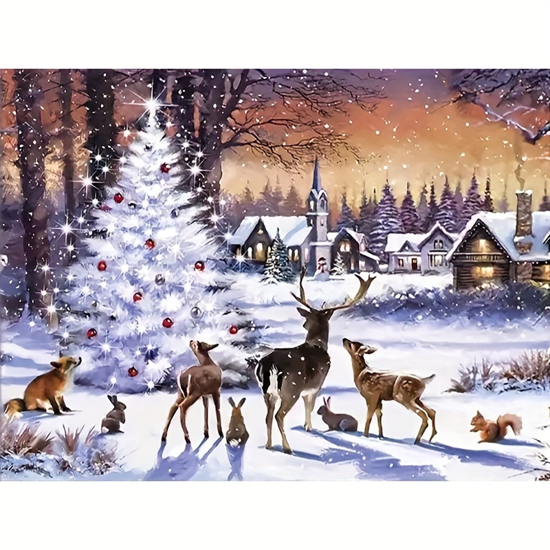 

Charming Christmas Canvas Art - 16x12" Frameless Wall Decor With Cute Animals & Tree, Perfect For Holiday Office, Living Room, Bedroom