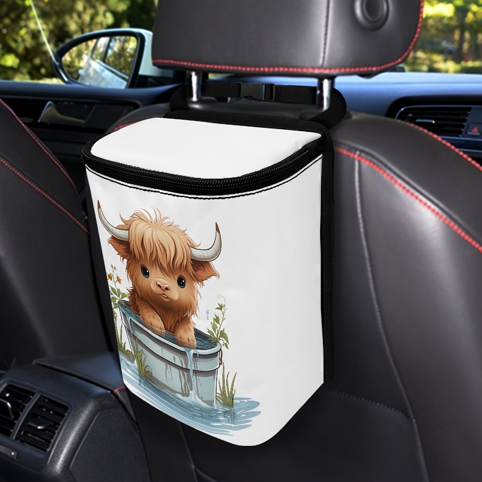 

Highland Cow Pattern Car Trash Can With Lid And Storage Pockets, Polyester Auto Garbage Bin, Adjustable Strap For Vehicle Use - 1 Pack